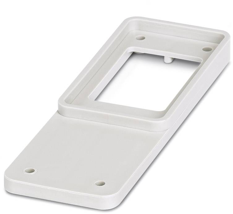 Graues Kunststoffgehäuse mit rechteckiger Öffnung und zwei unteren Löchern, geeignet für elektronische Geräte oder Steuerungen.