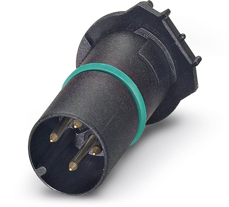 Ein schwarzer elektrischer Stecker mit drei goldenen Stiften und einem grünen Ring.