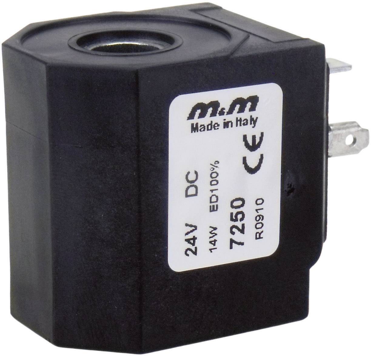 Schwarze elektrische Spule mit Aufdruck: '24V DC, 14W, ED=100%, 7250, Made in Italy, M&M'. Zwei Metallkontakte an der Seite sichtbar.