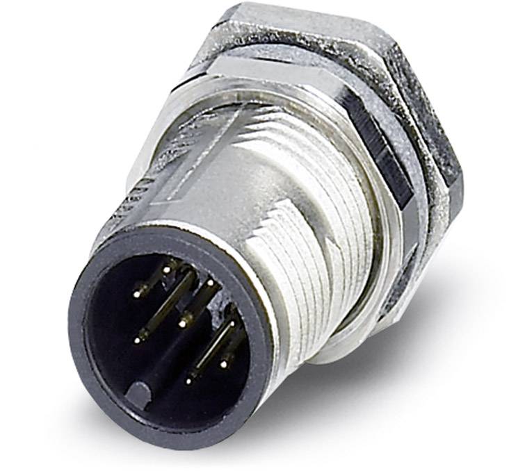 Elektrischer Stecker mit rundem Metallgehäuse und mehreren goldfarbenen Pins für industrielle Verbindungen.