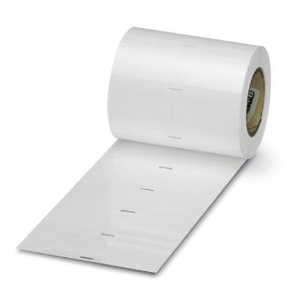 Eine Rolle weißer Etiketten auf einer Spule. Die Etiketten sind quadratisch und perforiert, bereit zum Bedrucken.