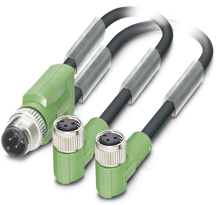 Zwei grüne, rechtwinklige M8-Steckverbinder mit schwarzem Kabel und Metallabschirmung. Geeignet für industrielle Sensorik-Anwendungen.