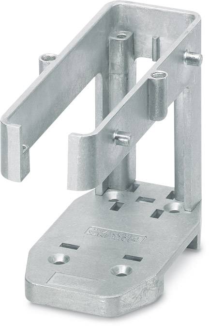 Metallhalterung aus silbernem Material, vertikal stehend, mit rechteckiger Öffnung und markanter, stabiler Basis.