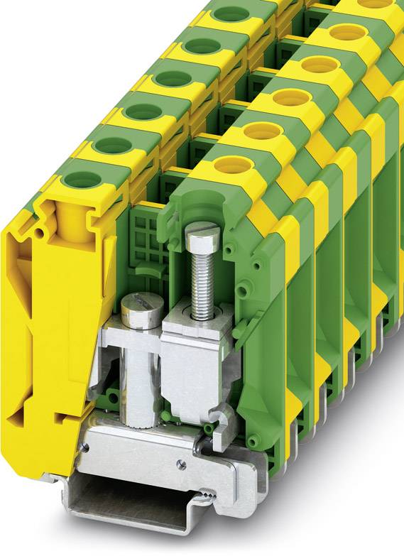 Reihe von gelb-grünen Erdungsklemmen in einem modularen, stapelbaren Design, verwendet zur sicheren Erdung in elektrischen Installationen.