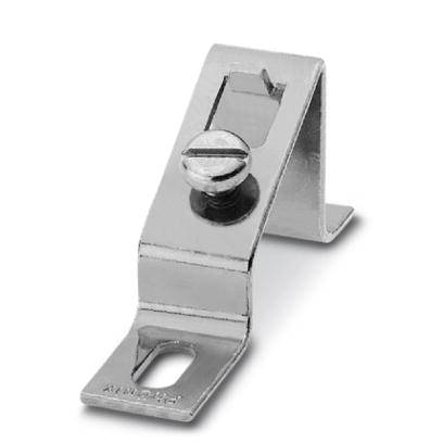 Metallische Halteklammer mit Schraube, geeignet für die Befestigung an einer flachen Oberfläche.