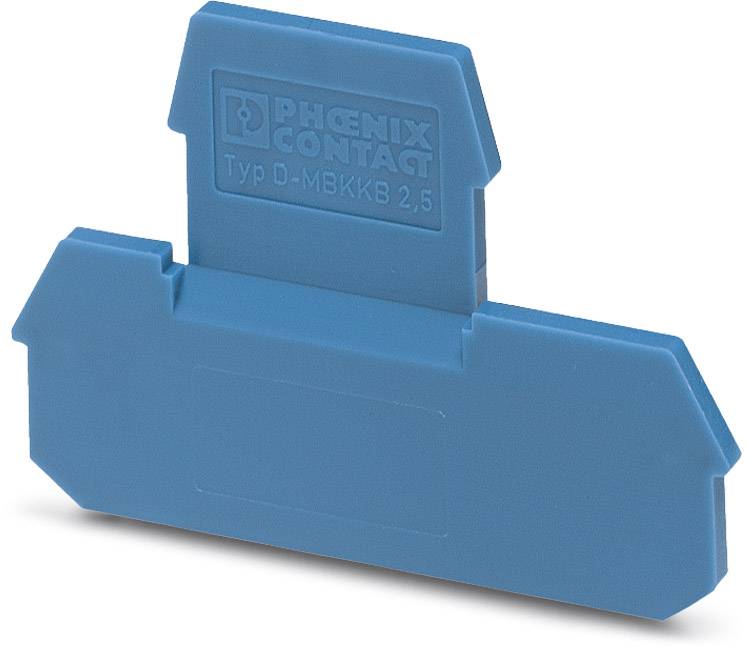 Blauer Abschlussdeckel von Phoenix Contact, Typ D-MBKK 3.5, für Tragschienenmodule, dient der Abdeckung und schützt die Anschlüsse.