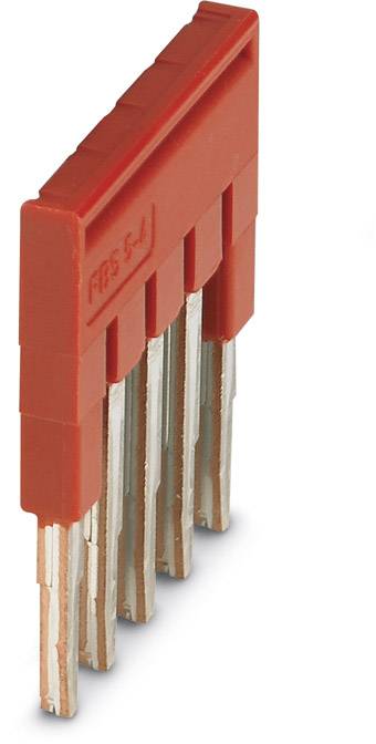 Roter Steckbrückenverbinder mit fünf Metallstiften, beschriftet mit 'FBS 5-4'. Verwendung zur elektrischen Verbindung in Schaltschränken.