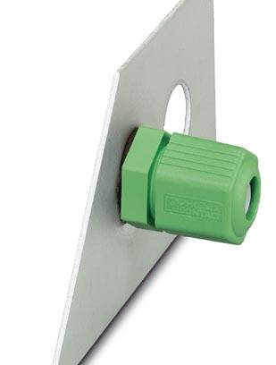 Ein grüner Kunststoffstopfen ragt aus einer weißen Platte mit einem runden Loch.