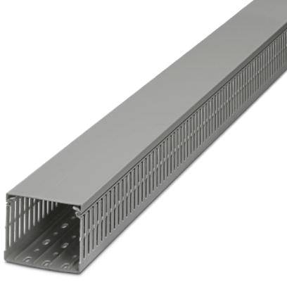 Kabelkanal aus grauem Kunststoff mit seitlichen Schlitzen für Kabeldurchführung, rechteckige Form, geschlossenes Design.