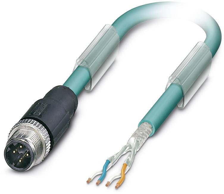 Ein grün-blaues Ethernet-Kabel mit freiliegenden Drahtenden und Metallstecker. Wird zur Netzwerkverbindung verwendet.