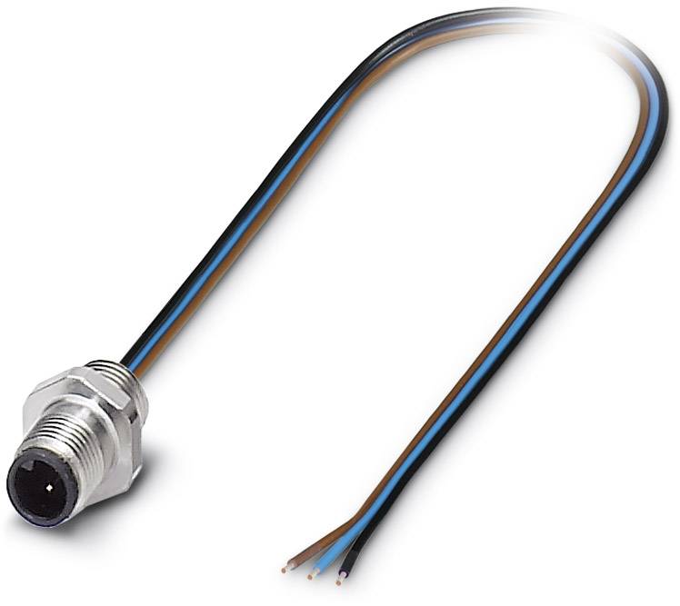 Ein M12-Steckverbinder mit drei langen, farblich kodierten Drähten in Schwarz, Blau und Braun für elektrische Verbindungen.