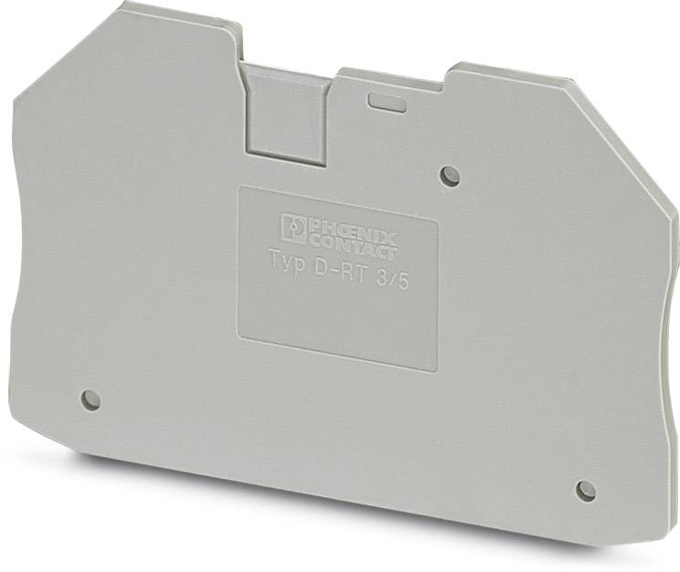 Graues Klemmengehäuse von Phoenix Contact, Typ D-RT 3/5, mit rechteckiger Form und Befestigungspunkten an den Ecken.