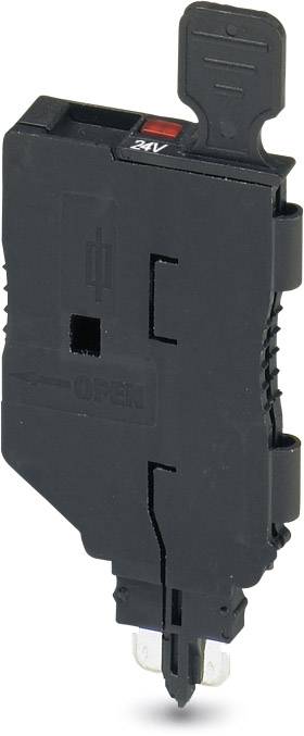 Ein schwarzer Niederspannungsschutzschalter mit roten Markierungen und Metallkontakten auf der Unterseite, geeignet für 24V-Systeme.