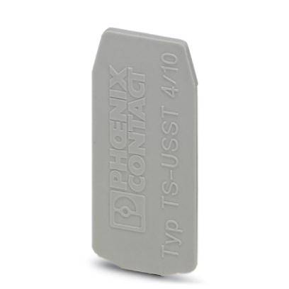 Grau-gelbes Endstück von Phoenix Contact, Typ TS-USST 4/10, mit geprägtem Schriftzug und rechteckiger Form, leicht abgerundete Ecken.