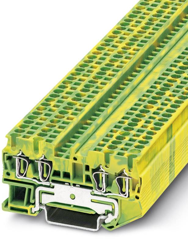 Mehrstufige, gelb-grüne Reihenklemme zur einfachen Montage in Schaltschränken, geeignet für effiziente Elektroverkabelung.