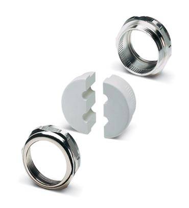 Zwei vernickelte Kabelverschraubungen und ein rundes, geteiltes Gummielement, das zur Abdichtung in die Verschraubungen passt.