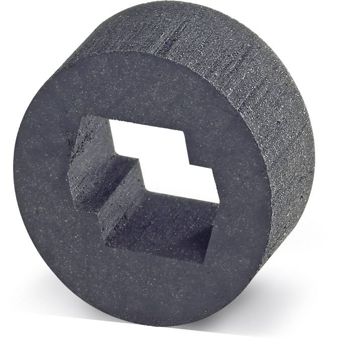 Ein schwarzes, zylinderförmiges Schaumstoffrad mit einer sechseckigen Aussparung in der Mitte, geeignet für mechanische Befestigungen.