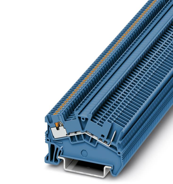 Querschnitt eines blauen Gehäuses mit Innenansicht von elektrischen Kontakten und Anschlussvorrichtungen, technisch detailliert dargestellt.