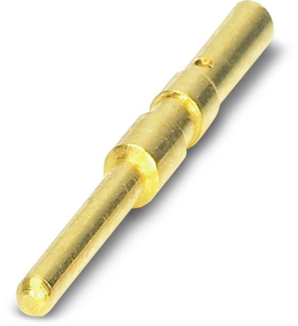 Ein goldbeschichteter Metallstift mit zwei Ringen in der Mitte, verwendet als elektrischer Kontakt oder Verbinder in technischen Geräten.