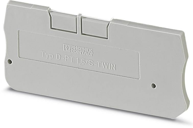 Grau-gelbes Geräteendstück von Phoenix Contact, Typ D-PT 1,5/S-TWIN, dient zur mechanischen Trennung und Stabilisierung von Schienensystemen.