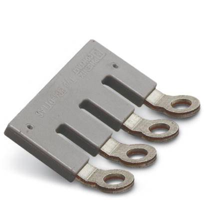 Ein grauer Stromschienenverbinder mit vier ovalen Anschlüssen, geeignet zur Verteilung von elektrischer Leistung.