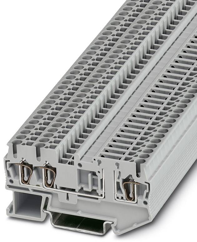 Graue, modulare Reihenklemme mit mehreren Anschlussstellen; wird in elektrischen Installationen zum Verbinden von Leitungen verwendet.