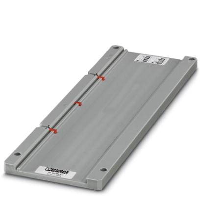 Graues, flaches Gerät mit dem Logo einer Firma, metallische Oberfläche und roten Markierungen, vermutlich ein elektrisches Bauteil.