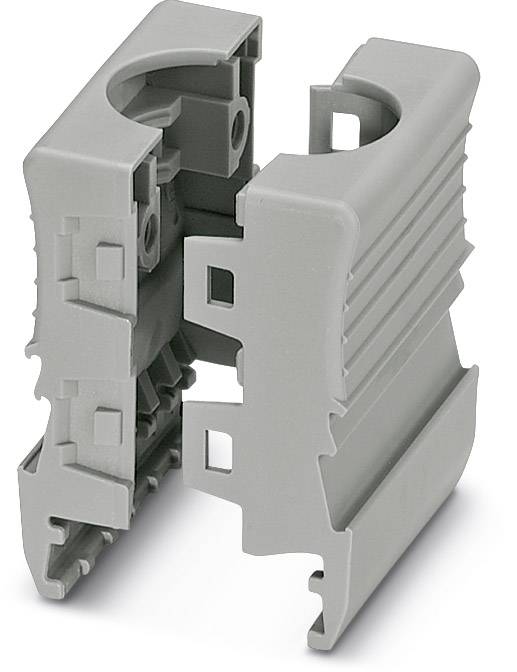 Graues Kunststoffgehäuse für elektrische Schaltkreise, mit Steck- und Montagevorrichtung, offen dargestellt.
