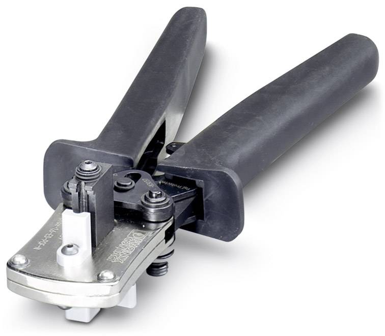 Ein schwarzes Nietwerkzeug aus Metall mit Griffen zum manuellen Einnieten, auf weißem Hintergrund.