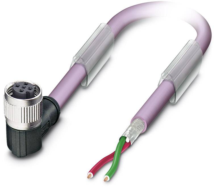Lila elektrisches Kabel mit abgewinkeltem Stecker und freiliegenden roten und grünen Drähten am Ende, vor weißem Hintergrund.