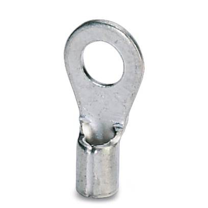 Ein silbernes Metallkabelschuh mit ringförmigem Ende und zylindrischer Basis, verwendet zur sicheren Kabelbefestigung.