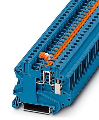 Blauer Reihenklemmeblock mit orangen Anschlüssen, der für die elektrische Verteilung in Schaltschränken verwendet wird.