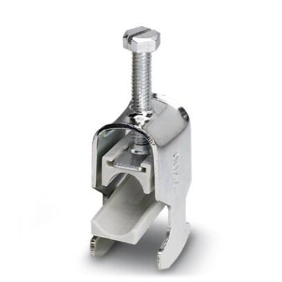 Eine silberne Metallklammer mit Schraube, geeignet zum Befestigen von Objekten. Verfügt über eine weiße Kunststoffeinlage.