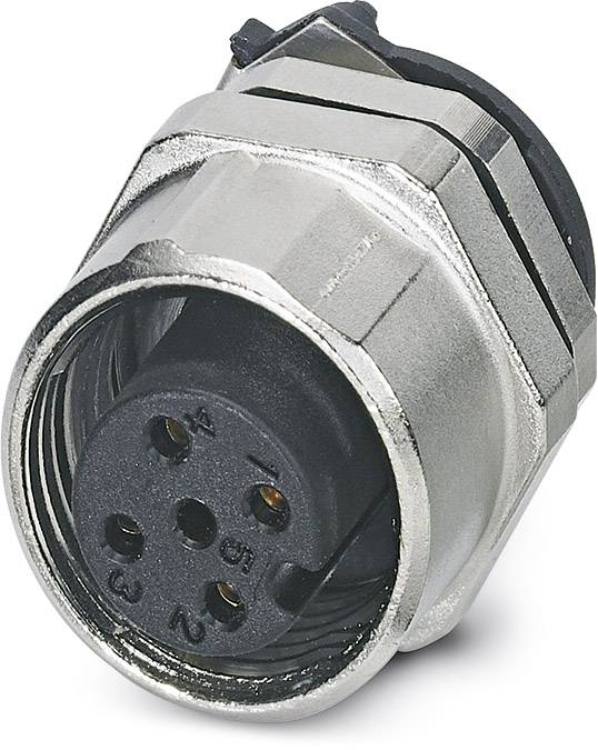 'Silberner, sechspoliger Stecker mit schwarzem Innengehäuse, wahrscheinlich für elektronische Verbindungen.'