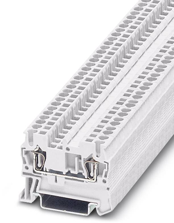 Ein weißer elektrischer Reihenklemmenblock aus Kunststoff mit Metallkontakten, geeignet für industrielle Elektroinstallationen.