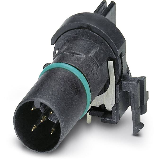 Schwarzer zylindrischer Steckverbinder mit Metallklammern, geeignet für elektrische Anschlüsse in technischen Anwendungen.