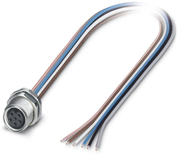 Stecker mit fünffarbigem Kabel: blau, braun, schwarz, weiß, grau. Metallischer Anschluss auf der linken Seite.