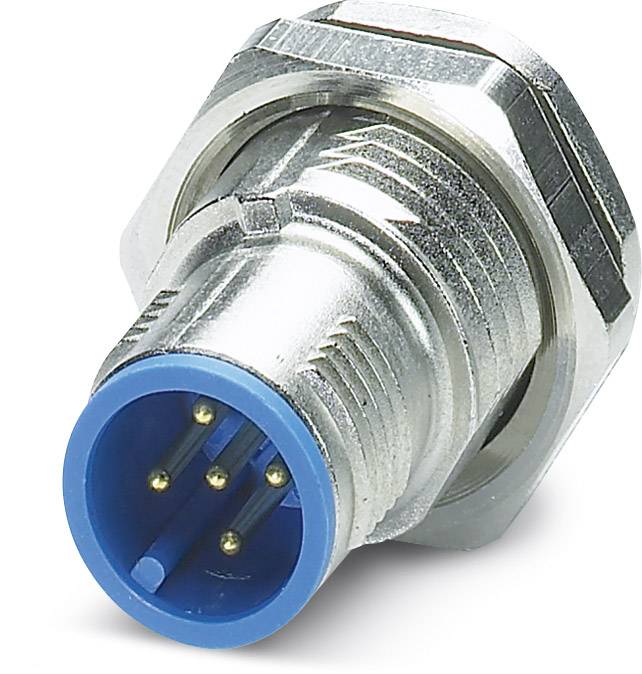 Ein metallischer Rundsteckverbinder mit einem blauen Kunststoffinterface und mehreren goldenen Pins zur elektrischen Verbindung.