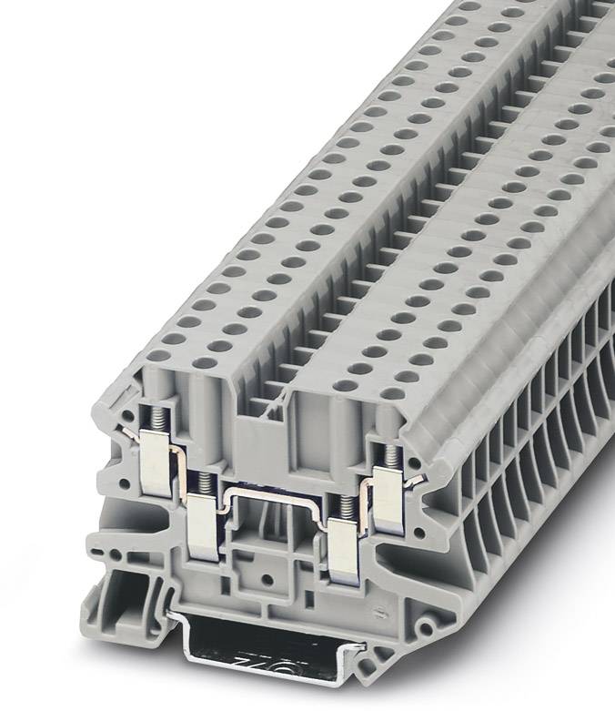 Grauer elektrischer Reihenklemmenblock mit mehreren Anschlussmöglichkeiten, verwendet in elektrischen Schalttafeln zur Verdrahtungsorganisation.