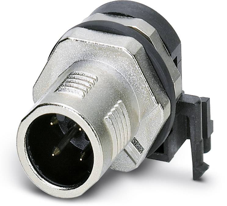 Ein silberner, runder Metallstecker mit schwarzen Kunststoffteilen und drei sichtbaren Anschlüssen für elektronische Verbindungen.