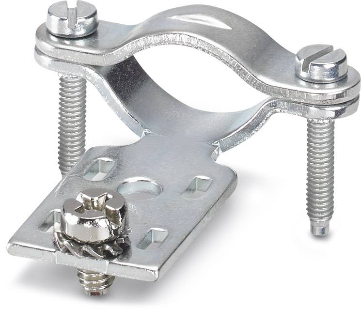 Eine silberne Metallklemme mit zwei Schrauben, die eine Schelle hält. Sie wird zum Befestigen von Rohren oder Kabeln verwendet.