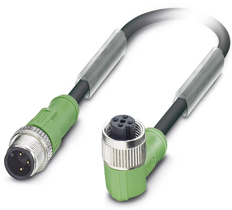 Ein grünes Kabel mit einem runden Stecker an jedem Ende, einer gerade, einer im rechten Winkel, dient zur Verbindung von elektronischen Geräten.