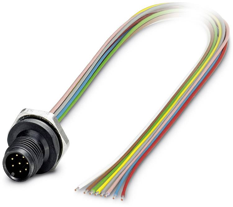 Mehrpoliger industrieller Rundstecker mit zehn farbigen Kabeln zur elektrischen Verbindung in technischen Anwendungen.