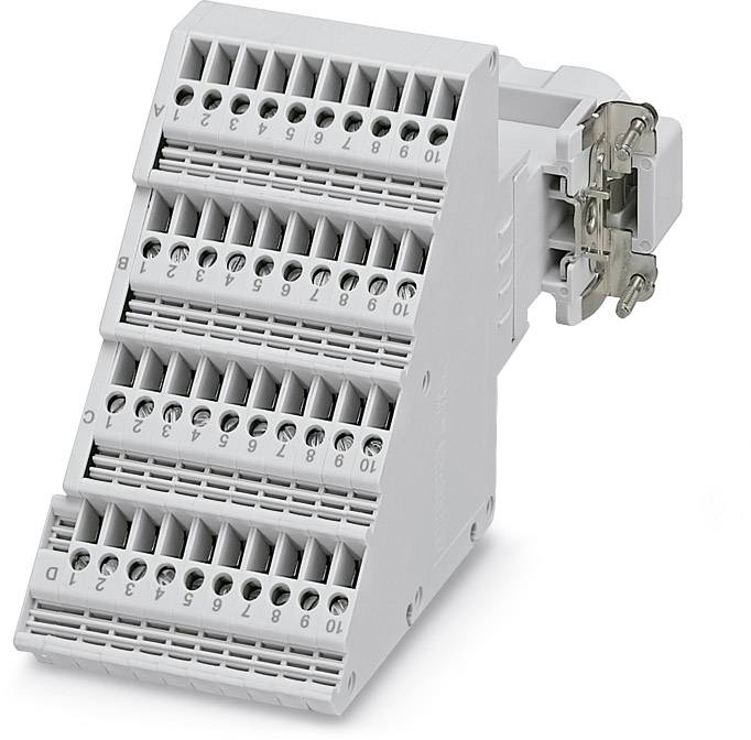 Ein elektrischer Steckerblock in einer geneigten Position, mit mehreren beschrifteten Anschlüssen in Reihen zur Verdrahtung.