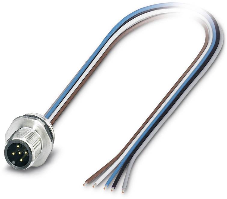Ein Metallstecker mit sechs farbigen Drähten: blau, weiß, grau, braun, schwarz, blau. Geeignet für elektrische Anschlüsse.