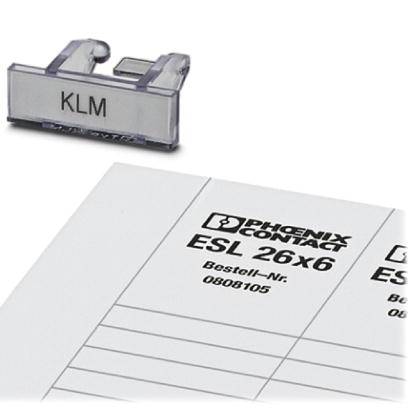 Ein Etikettenclip mit der Aufschrift 'KLM' befindet sich auf einem Blatt mit der Aufschrift 'PHOENIX CONTACT ESL 26x6 Bestell-Nr. 0808105'.