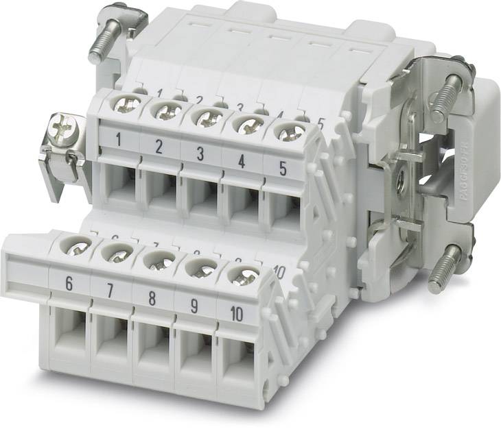 Elektrischer Steckverbinder mit zehn nummerierten Anschlussklemmen, Schraubbefestigungen und weißen Gehäuseelementen.
