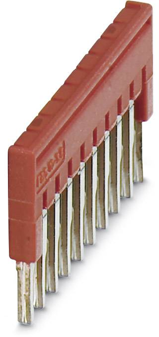 Neunpoliger roter Brückenschalter mit Metallkontakten, oft verwendet zur elektrischen Verbindung von Pinnen auf einer Leiterplatte.