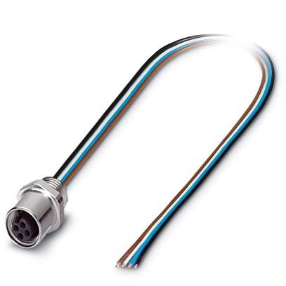 Ein Metallstecker mit vier offenen Kabeln in Blau, Braun, Schwarz und Weiß. Geeignet für elektrische Verbindungen und technische Anwendungen.