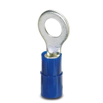 Ein blau isolierter Ringkabelschuh mit einem Metallring an einem Ende und einer Isolierhülse am anderen. Wird in der Elektroinstallation verwendet.
